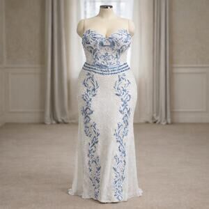 Scala White Blue Sequin Maxi Gown Size 12 Beaded Evening Formal Dress Elegant